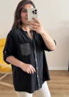 Pul Payet İşlemeli Siyah İthal Gömlek