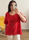 Düğme Detaylı Kırmızı İthal Bluz