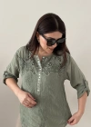 Nakışlı Zımba Düğmeli Haki Yeşil İkili İthal Gömlek