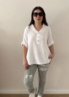 Yakalı Önü Düğmeli Müslin Beyaz Bluz