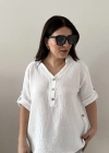 Yakalı Önü Düğmeli Müslin Beyaz Bluz