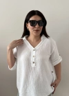 Yakalı Önü Düğmeli Müslin Beyaz Bluz