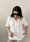 Yakalı Önü Düğmeli Müslin Beyaz Bluz