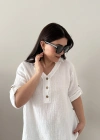 Yakalı Önü Düğmeli Müslin Beyaz Bluz