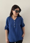 Yakalı Önü Düğmeli Saks Mavi Müslin  Bluz