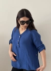 Yakalı Önü Düğmeli Saks Mavi Müslin  Bluz