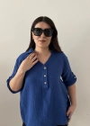 Yakalı Önü Düğmeli Saks Mavi Müslin  Bluz