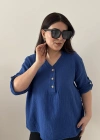 Yakalı Önü Düğmeli Saks Mavi Müslin  Bluz