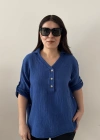 Yakalı Önü Düğmeli Saks Mavi Müslin  Bluz