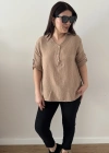 Yakalı Önü Düğmeli Vizon Rengi Müslin Bluz