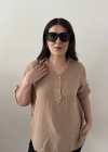 Yakalı Önü Düğmeli Vizon Rengi Müslin Bluz