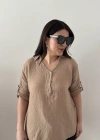 Yakalı Önü Düğmeli Vizon Rengi Müslin Bluz