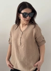 Yakalı Önü Düğmeli Vizon Rengi Müslin Bluz