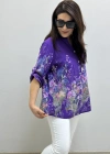 Çiçek Desenli Mor Renk İthal Gömlek