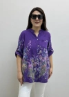 Çiçek Desenli Mor Renk İthal Gömlek