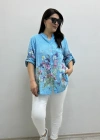 Çiçek Desenli Mavi İthal Gömlek