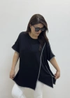 Asimetrik Kesim Sim Şeritli Siyah Bluz