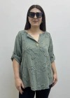 Kabartma Desenli Haki Yeşil Müslin Bluz