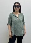 Kabartma Desenli Haki Yeşil Müslin Bluz