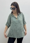 Kabartma Desenli Haki Yeşil Müslin Bluz