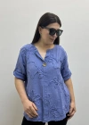 Kabartma Desenli İndigo Mavi Müslin Bluz