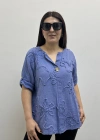 Kabartma Desenli İndigo Mavi Müslin Bluz