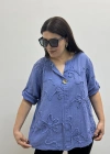 Kabartma Desenli İndigo Mavi Müslin Bluz
