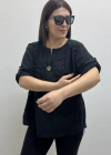 Kabartma Desenli Siyah Müslin Bluz