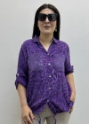 Etek Ucu Bağlamalı Payetli Leopar Desenli Mor İthal Gömlek