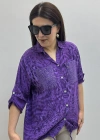 Etek Ucu Bağlamalı Payetli Leopar Desenli Mor İthal Gömlek