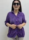 Etek Ucu Bağlamalı Payetli Leopar Desenli Mor İthal Gömlek