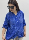 Etek Ucu Bağlamalı Payetli Leopar Desenli Mavi İthal Gömlek