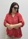 Etek Ucu Bağlamalı Payetli Leopar Desenli Kırmızı İthal Gömlek