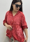 Etek Ucu Bağlamalı Payetli Leopar Desenli Kırmızı İthal Gömlek