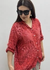 Etek Ucu Bağlamalı Payetli Leopar Desenli Kırmızı İthal Gömlek