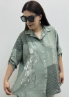 Nakışlı Dirsek Kol Yakalı Haki Yeşil İthal Gömlek Tunik