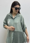 Nakışlı Dirsek Kol Yakalı Haki Yeşil İthal Gömlek Tunik