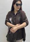 Nakışlı Dirsek Kol Yakalı Kahverengi İthal Gömlek Tunik