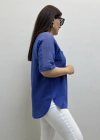 Omuz File Detaylı V Yakalı Mavi Pamuklu Bluz