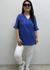 Omuz File Detaylı V Yakalı Mavi Pamuklu Bluz