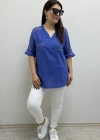 Omuz File Detaylı V Yakalı Mavi Pamuklu Bluz