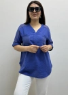 Omuz File Detaylı V Yakalı Mavi Pamuklu Bluz
