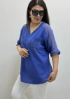 Omuz File Detaylı V Yakalı Mavi Pamuklu Bluz