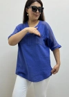 Omuz File Detaylı V Yakalı Mavi Pamuklu Bluz