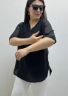Omuz File Detaylı V Yaka Siyah Pamuklu Bluz