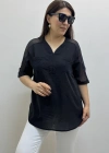 Omuz File Detaylı V Yaka Siyah Pamuklu Bluz