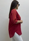 Omuz File Detaylı V Yaka Kırmızı Pamuklu Bluz