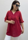 Omuz File Detaylı V Yaka Kırmızı Pamuklu Bluz