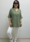 Omuz File Detaylı V Yaka Haki Yeşil Pamuklu Bluz