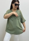 Omuz File Detaylı V Yaka Haki Yeşil Pamuklu Bluz